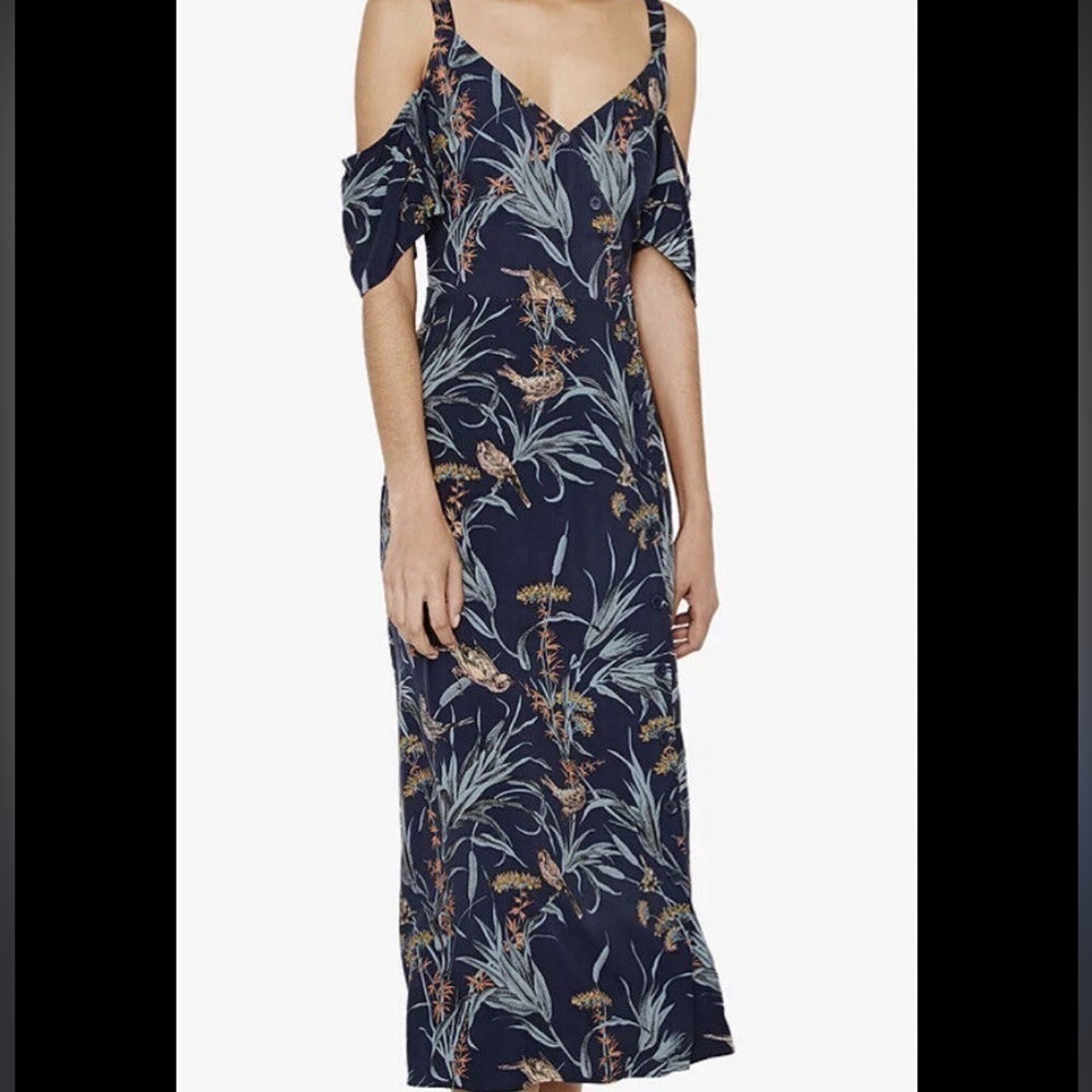 Warehouse Navy Bird Print Cold Shoulder MIDI Dress Size 6 US